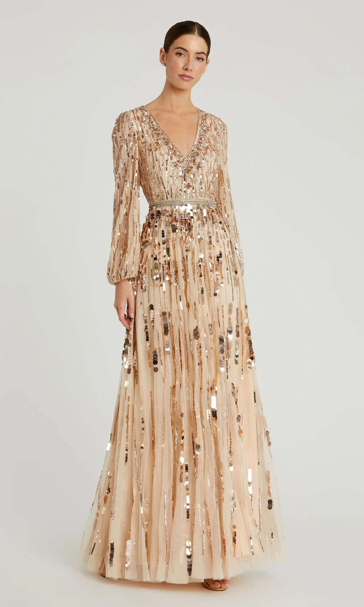 Long Beaded Bisque Formal Dress: Mac Duggal 10059 sold by PromGirl