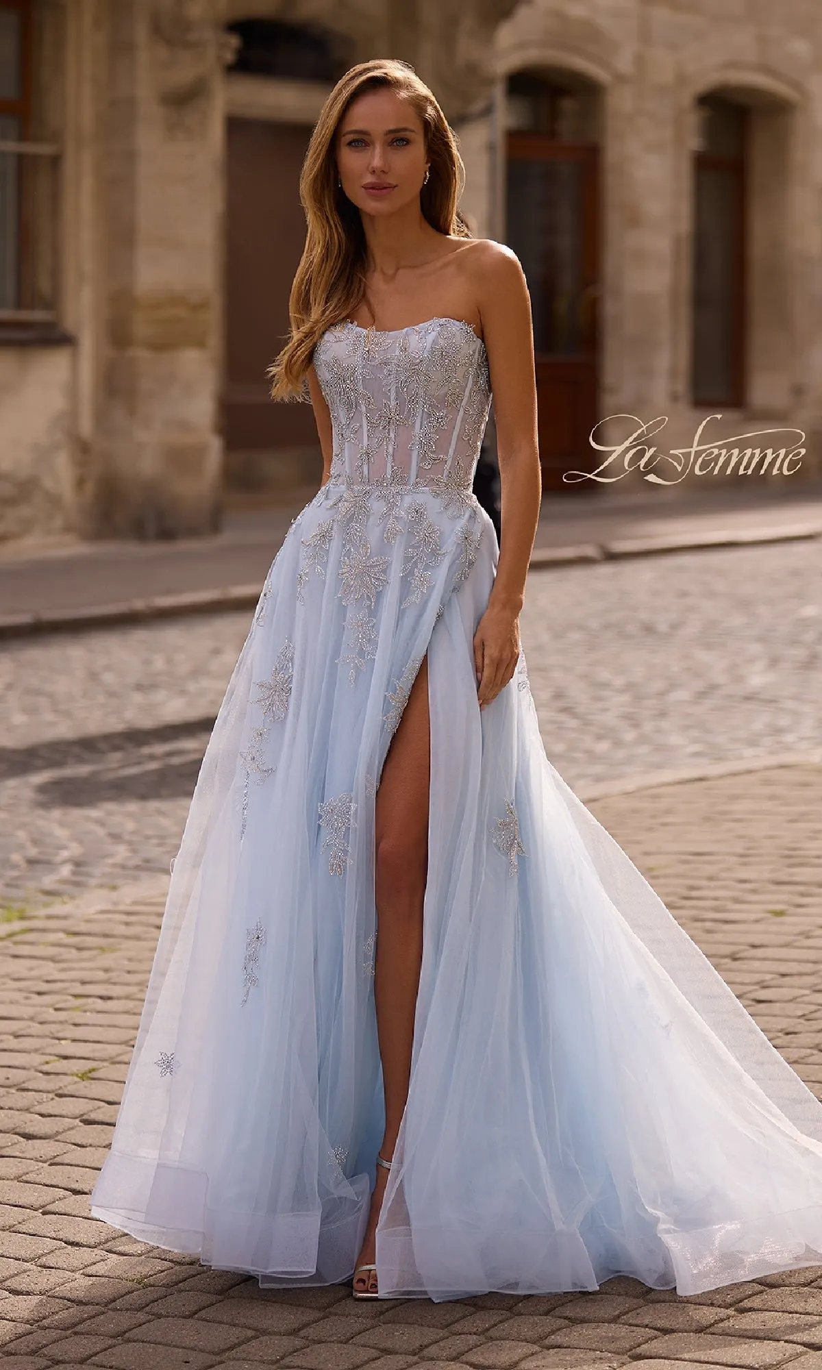 Strapless Beaded Long Prom Gown: La Femme 33028 sold by PromGirl