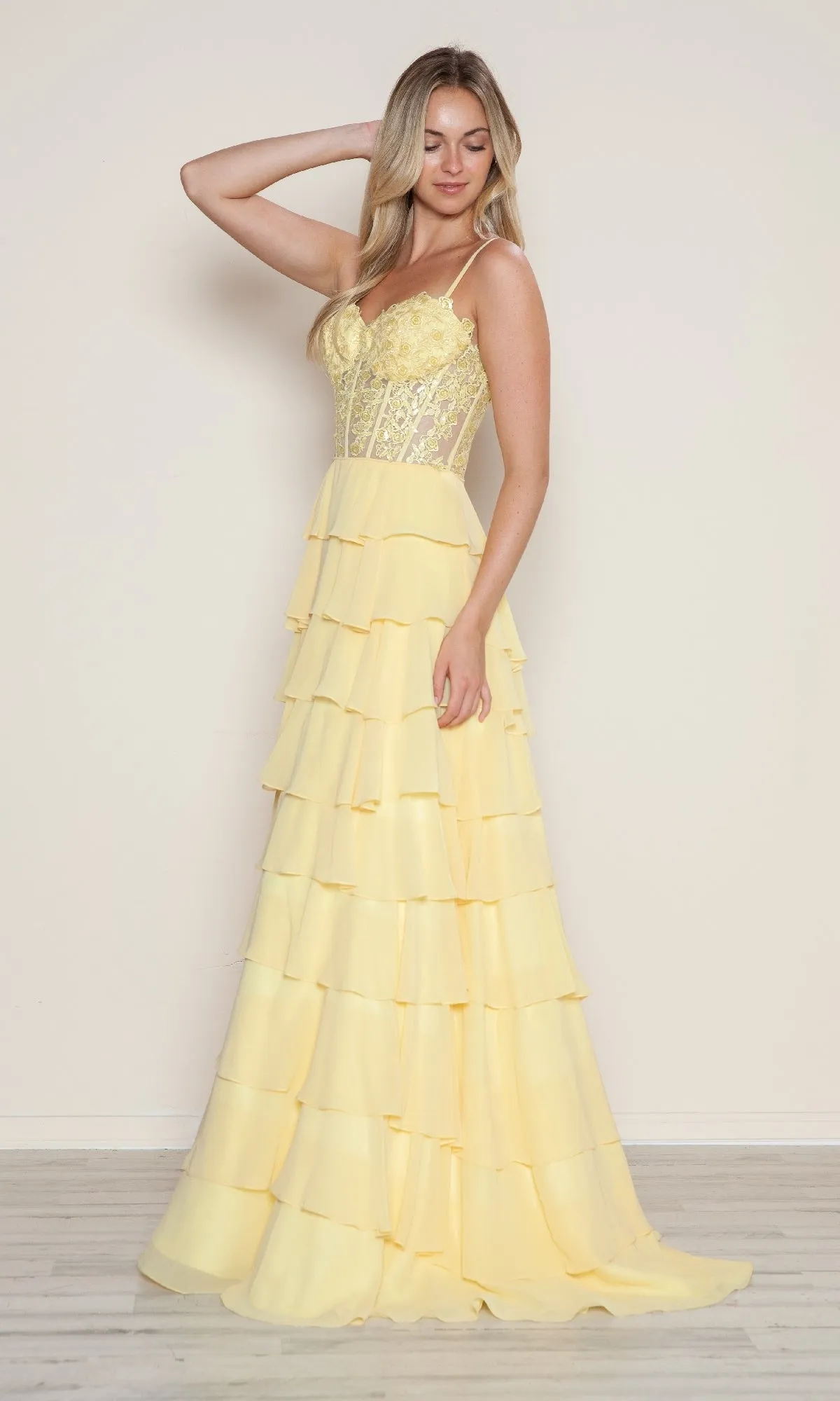 Long Tiered Corset Prom Dress: Poly USA 9698 sold by PromGirl