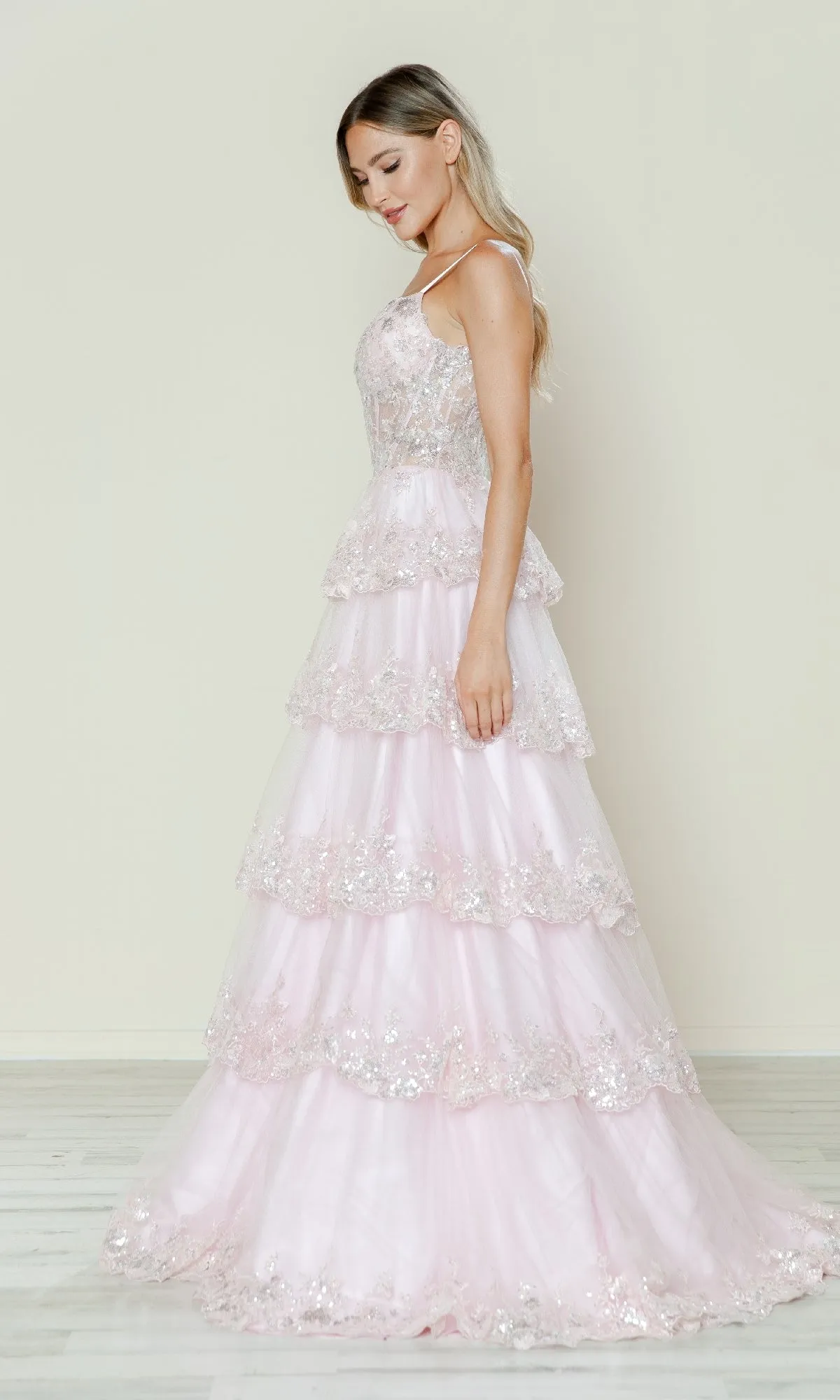 Long Glitter-Lace Tiered Prom Dress: Poly USA 9548 sold by PromGirl product image thumbnail 3