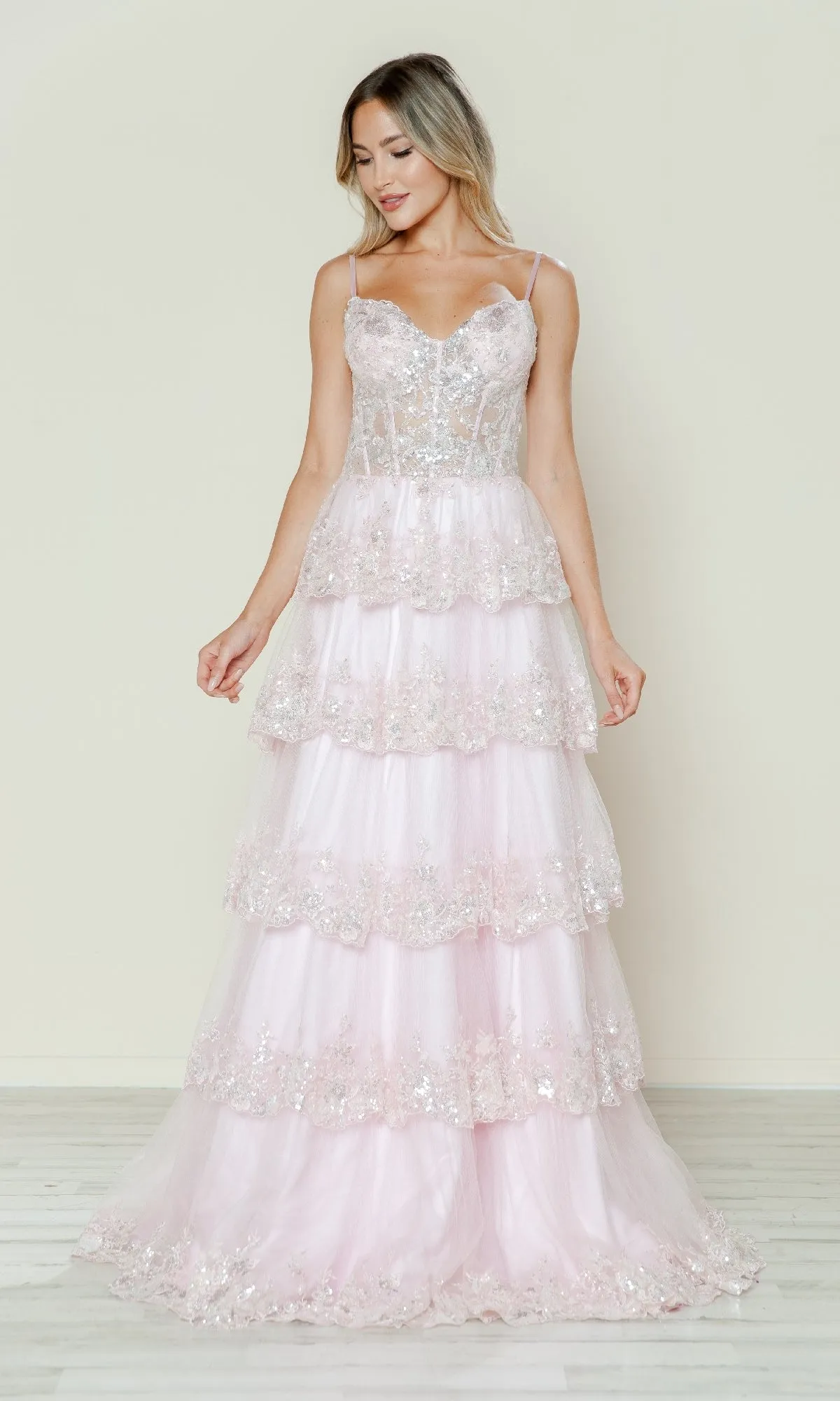 Long Glitter-Lace Tiered Prom Dress: Poly USA 9548 sold by PromGirl