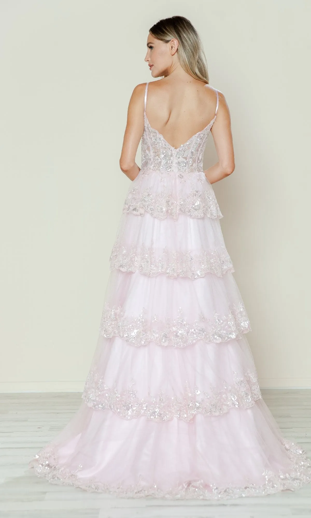 Long Glitter-Lace Tiered Prom Dress: Poly USA 9548 sold by PromGirl product image thumbnail 2