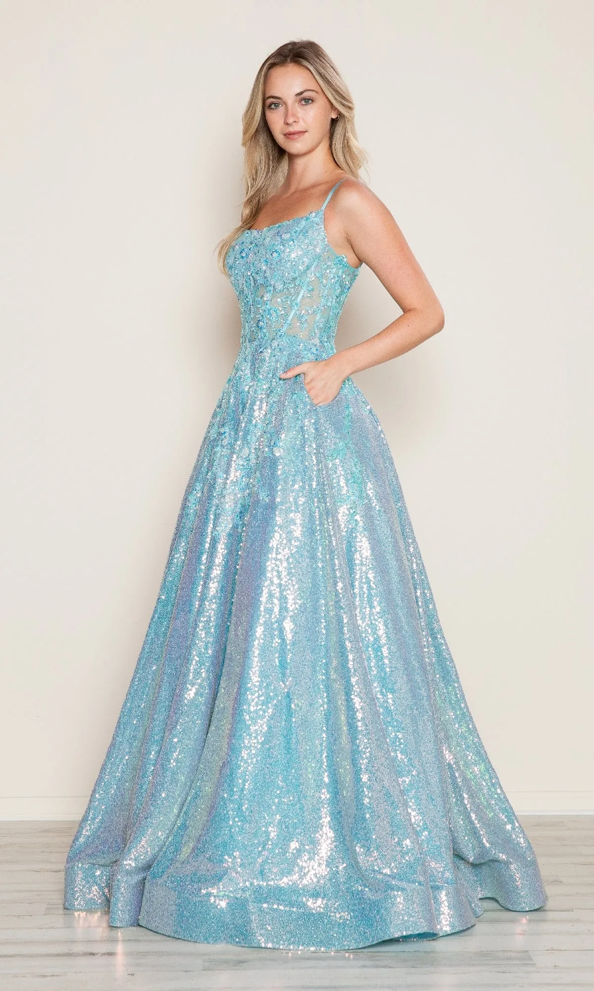 Side-Pockets Long Sequin Prom Dress: Poly USA 9554 sold by PromGirl