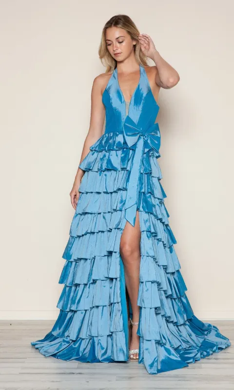 Ruffled Long Halter Prom Dress: Poly USA 9642 sold by PromGirl