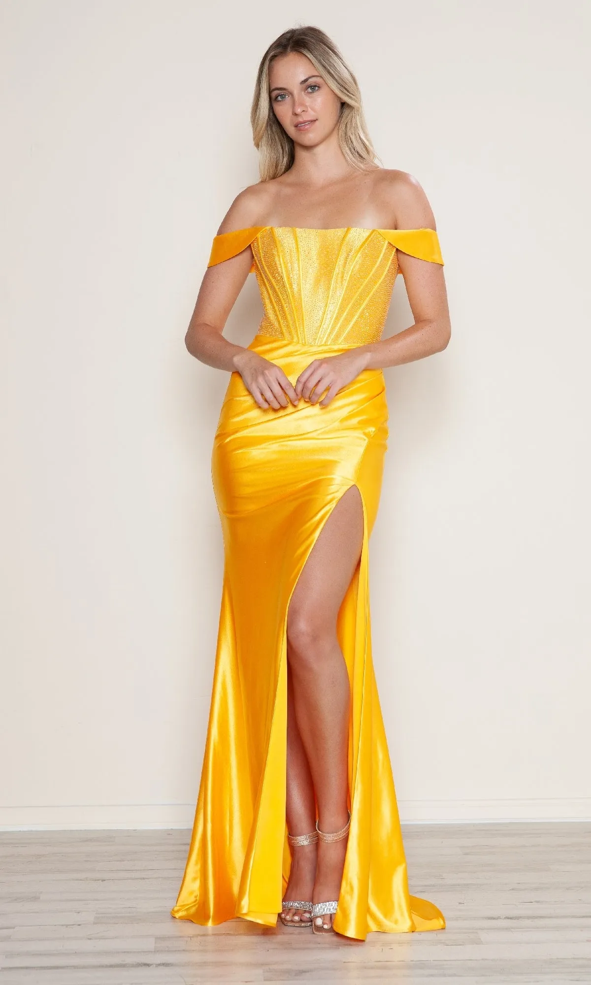 Off-Shoulder Long Corset Prom Dress: Poly USA 9656 sold by PromGirl