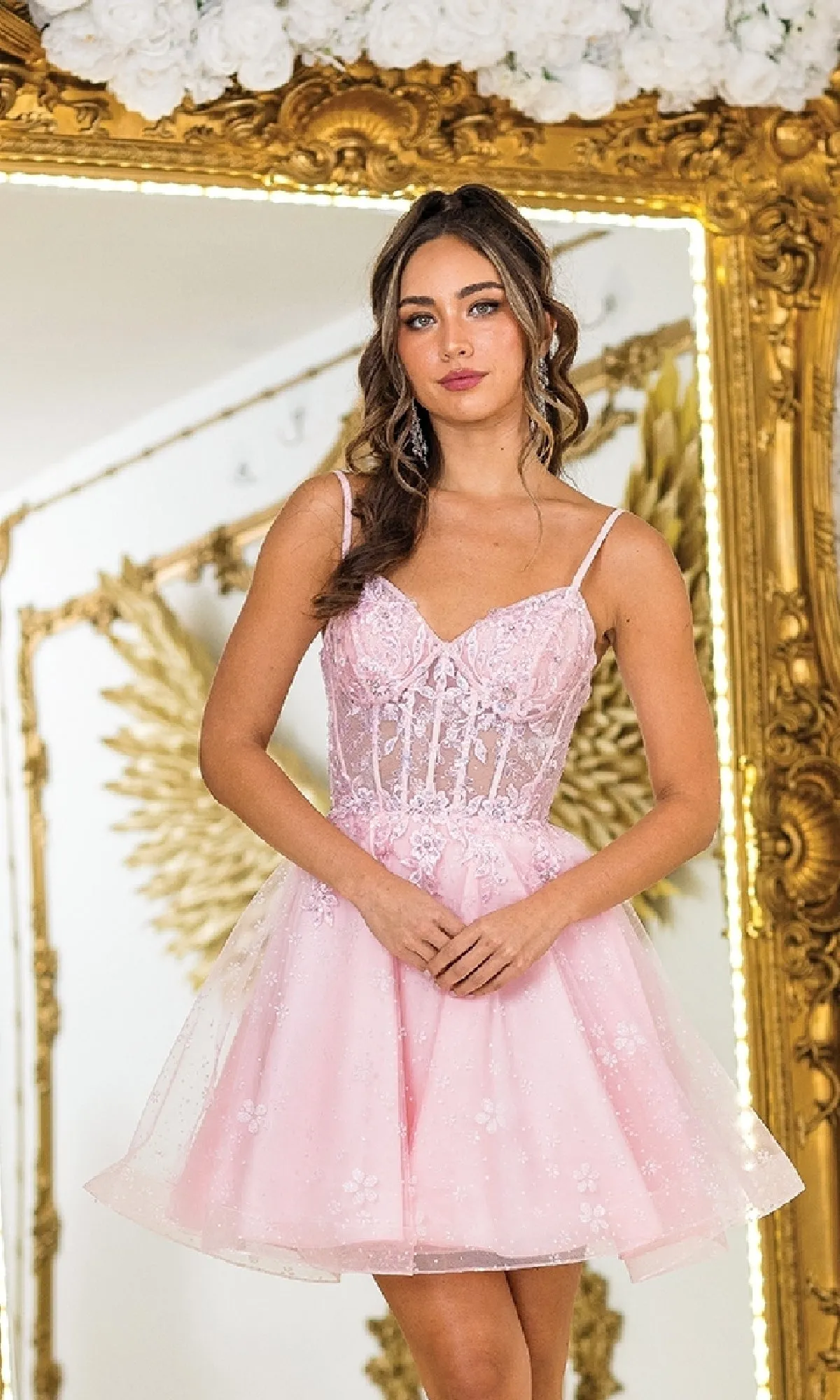Sheer-Corset Short Hoco Dress: Dancing Queen 3419 sold by PromGirl