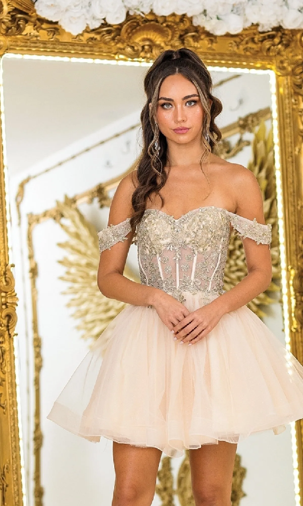 Off-Shoulder Short Prom Dress: Dancing Queen 3418 sold by PromGirl