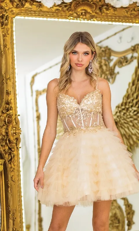 Short Champagne Hoco Dress: Dancing Queen 3412 sold by PromGirl
