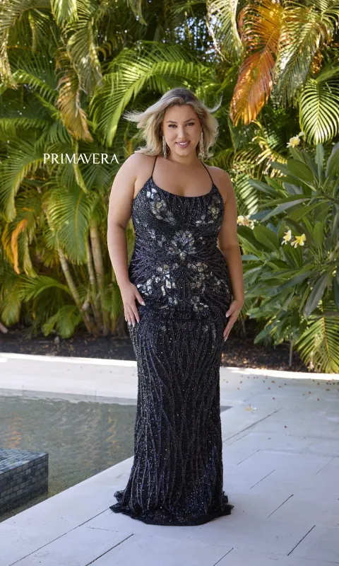 Plus-Size Long Beaded Prom Dress: Primavera 14072 sold by PromGirl