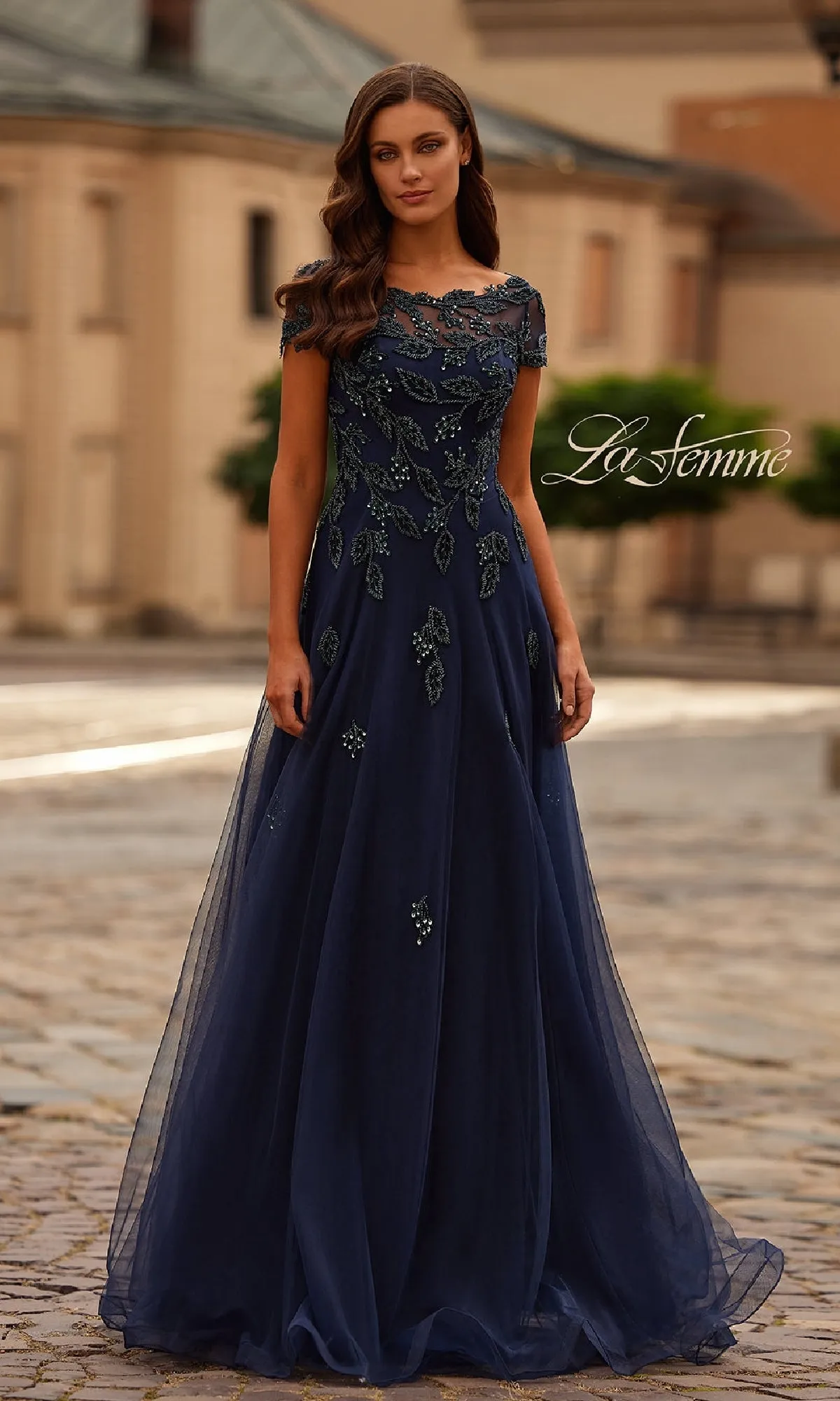 Short Sleeve Navy Formal Dress: La Femme 31692 sold by PromGirl