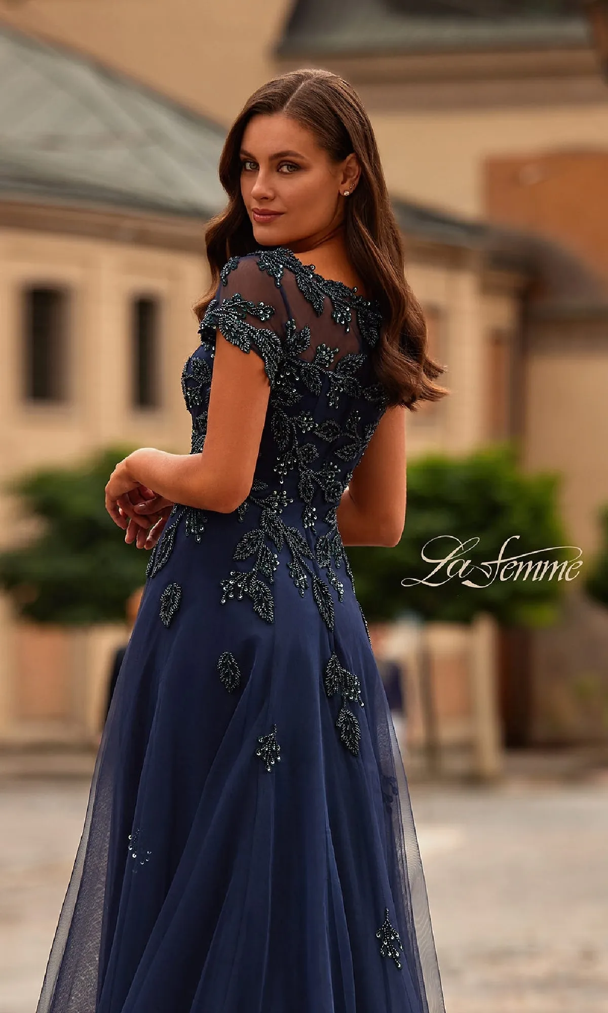 Short Sleeve Navy Formal Dress: La Femme 31692 sold by PromGirl product image thumbnail 4