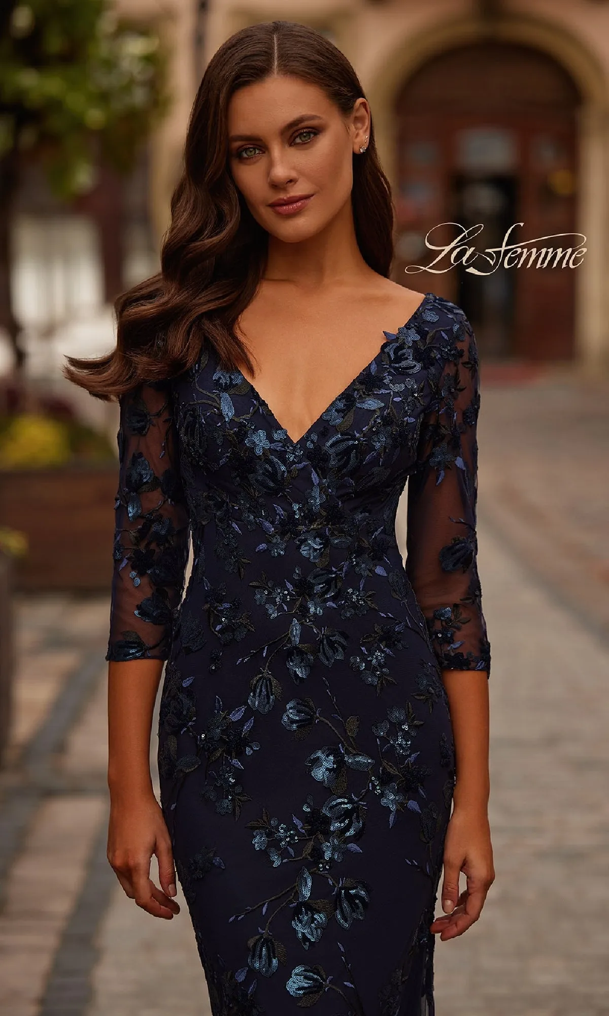 Navy Blue Sequin-Lace Formal Dress: La Femme 31836 sold by PromGirl product image thumbnail 3