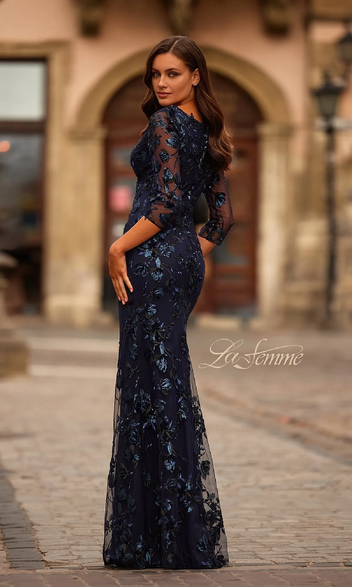 Navy Blue Sequin-Lace Formal Dress: La Femme 31836 sold by PromGirl product image thumbnail 2