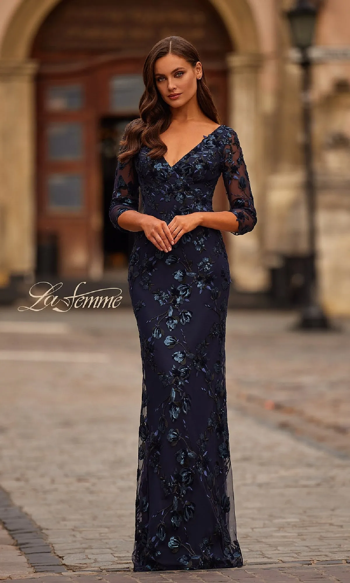 Navy Blue Sequin-Lace Formal Dress: La Femme 31836 sold by PromGirl