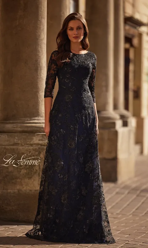 Black and Blue Lace Formal Gown: La Femme 30825 sold by PromGirl
