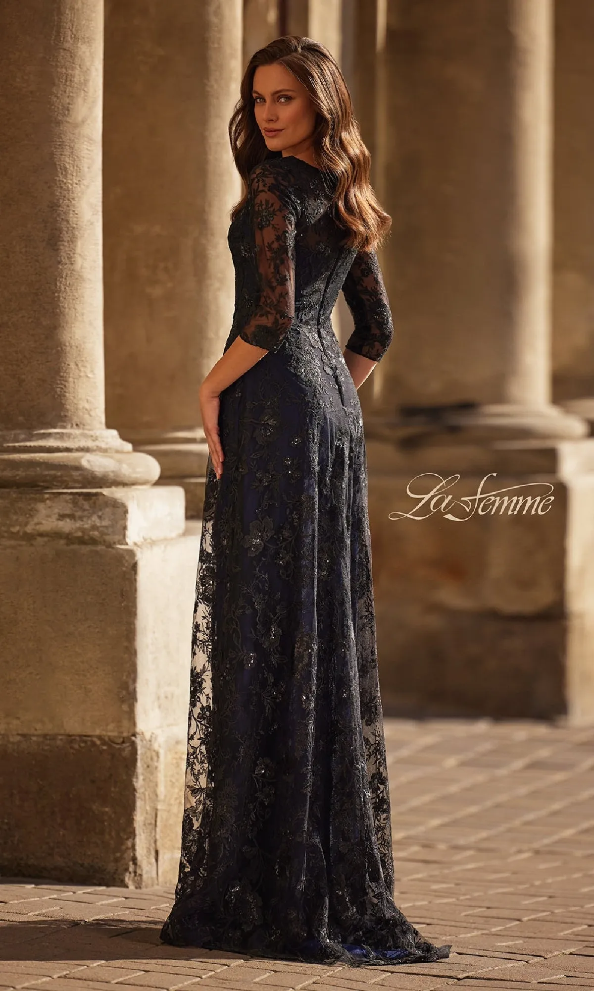 Black and Blue Lace Formal Gown: La Femme 30825 sold by PromGirl product image thumbnail 2