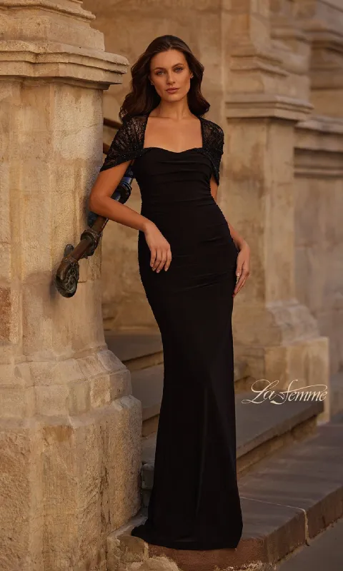 Lace-Sleeve Black Formal Dress: La Femme 33133 sold by PromGirl