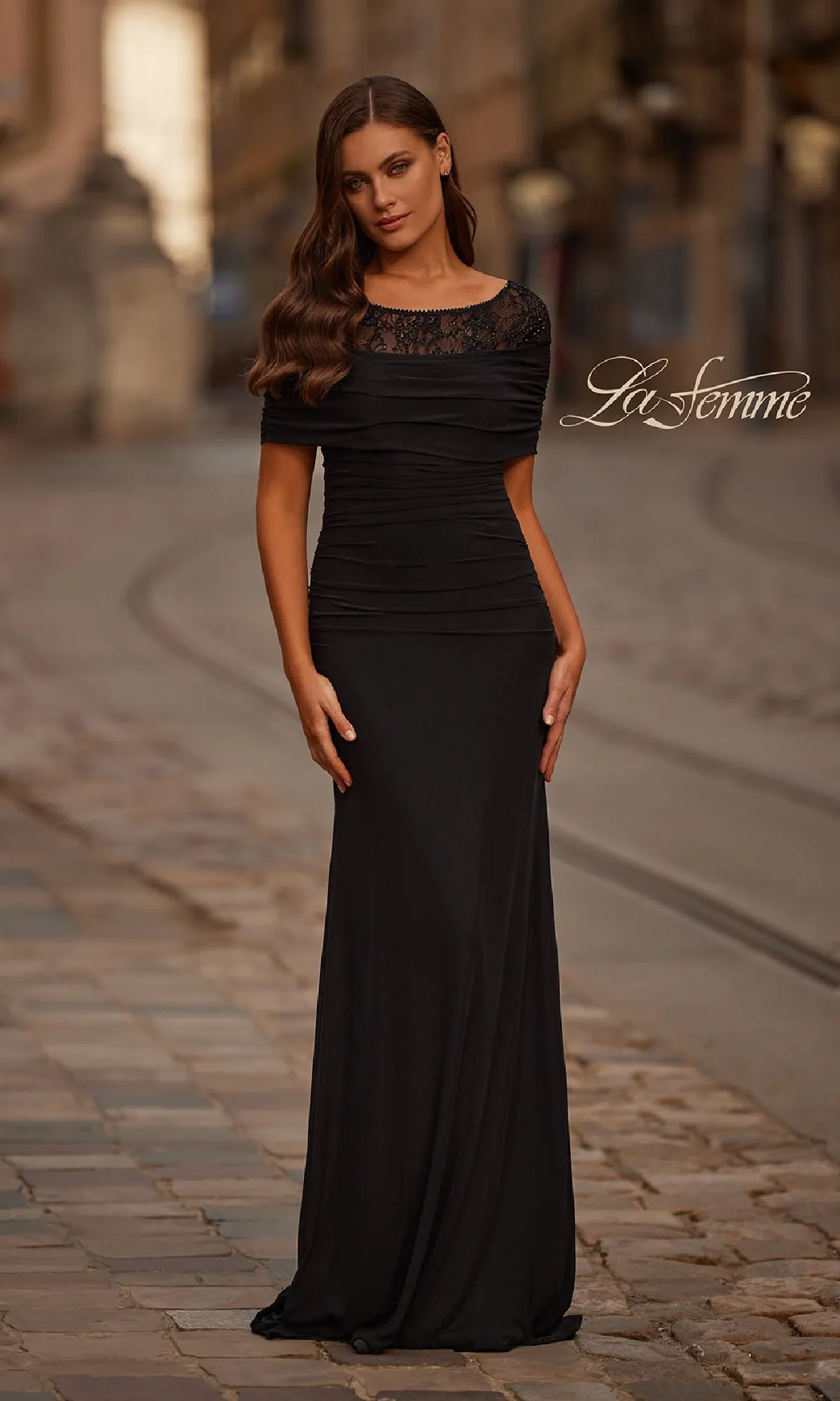 Short Sleeve Black Formal Gown: La Femme 33120 sold by PromGirl