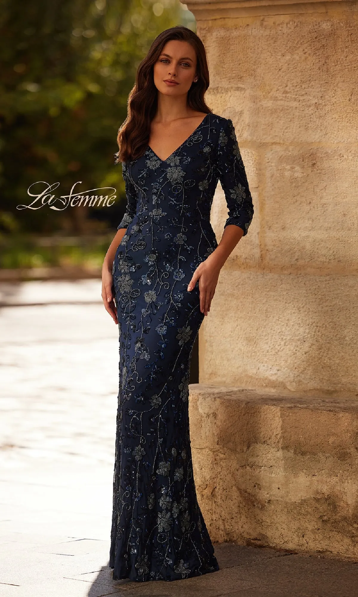 Navy Blue Beaded Formal Gown: La Femme 33092 sold by PromGirl