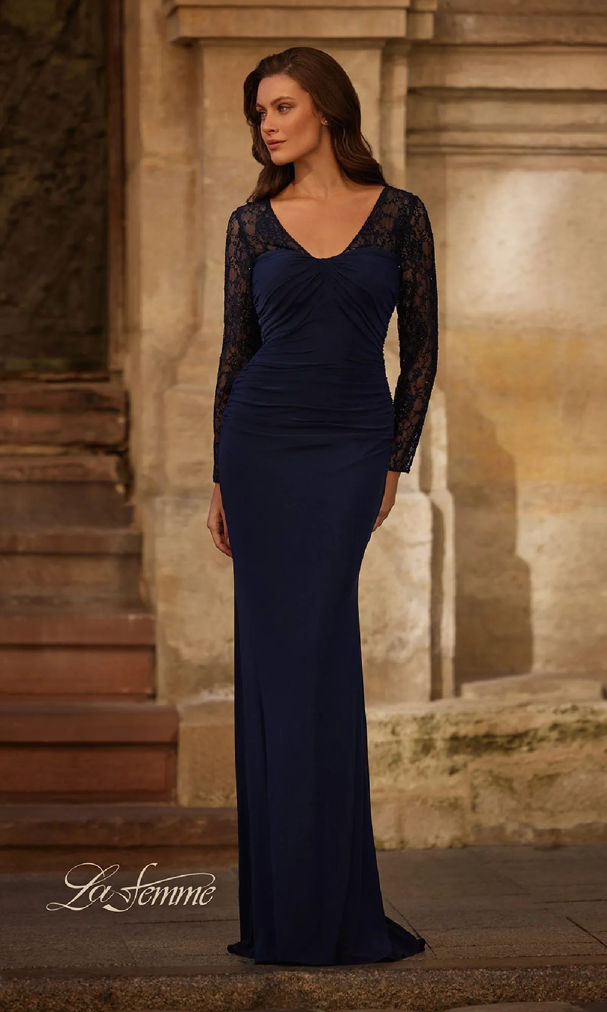 Long Lace-Sleeve Jersey Formal Dress: La Femme 33121 sold by PromGirl