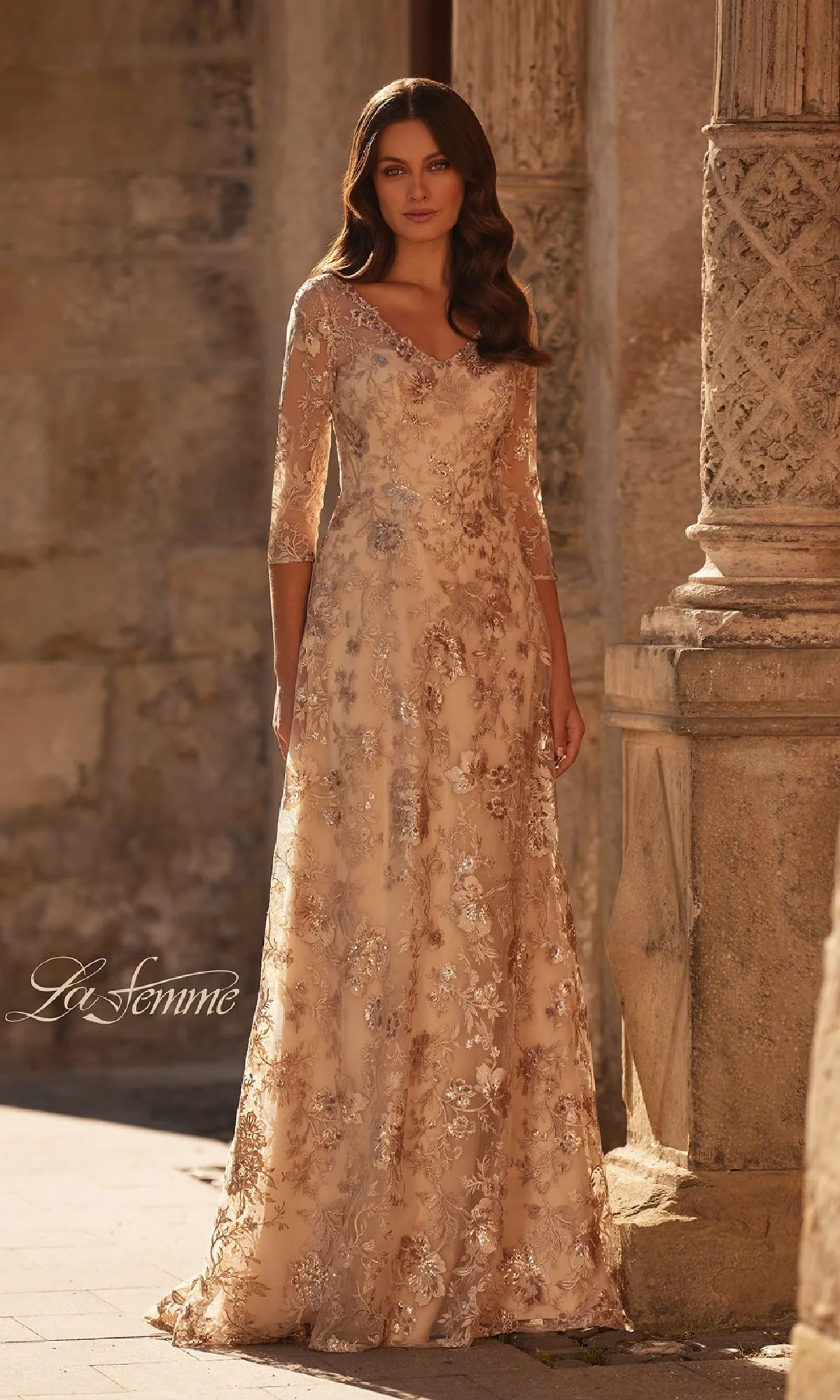Long Floral-Lace Formal Dress: La Femme 30803 sold by PromGirl