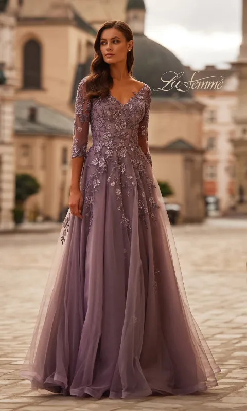 A-Line Tulle Sleeved Formal Dress: La Femme 32538 sold by PromGirl