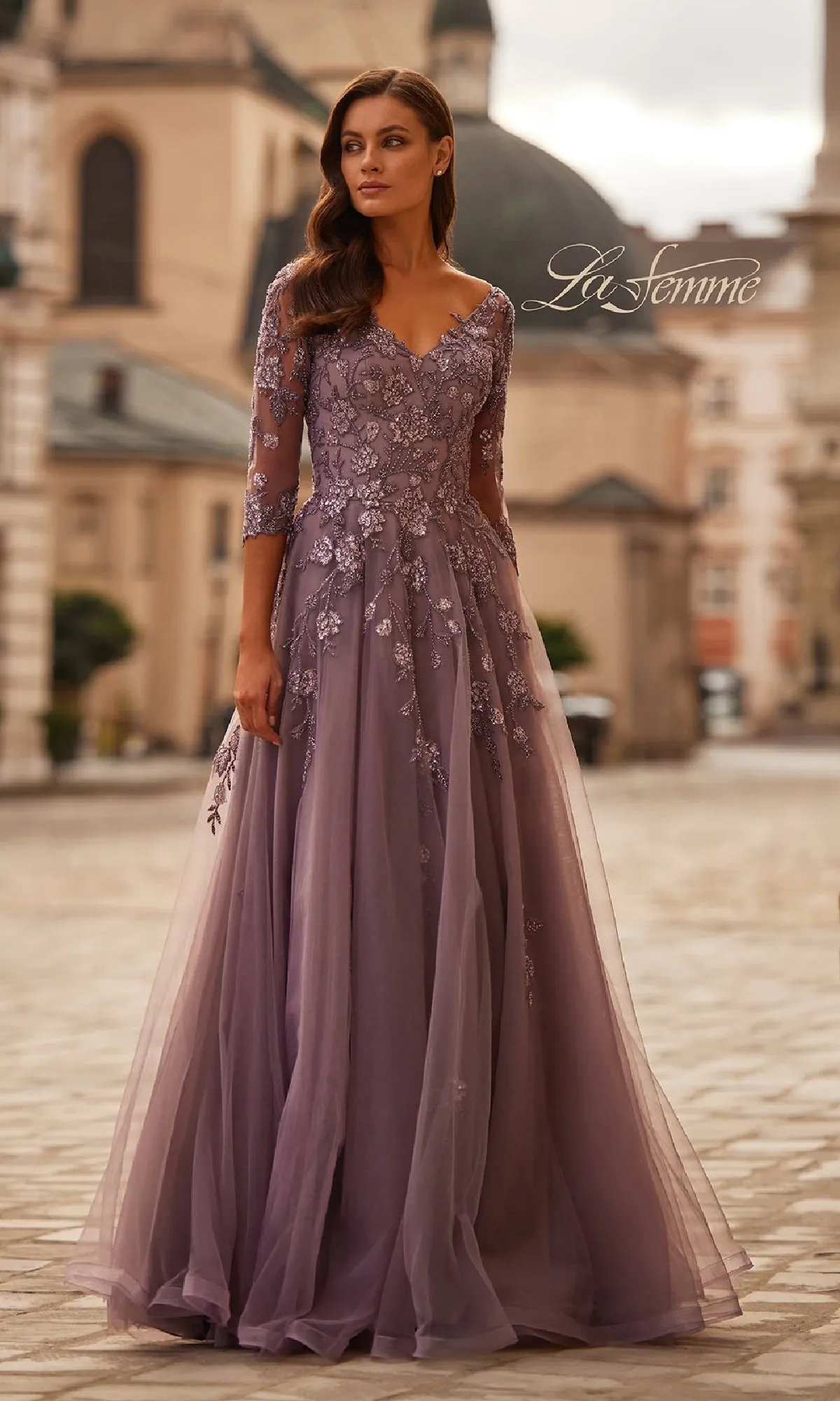 A-Line Tulle Sleeved Formal Dress: La Femme 32538 sold by PromGirl
