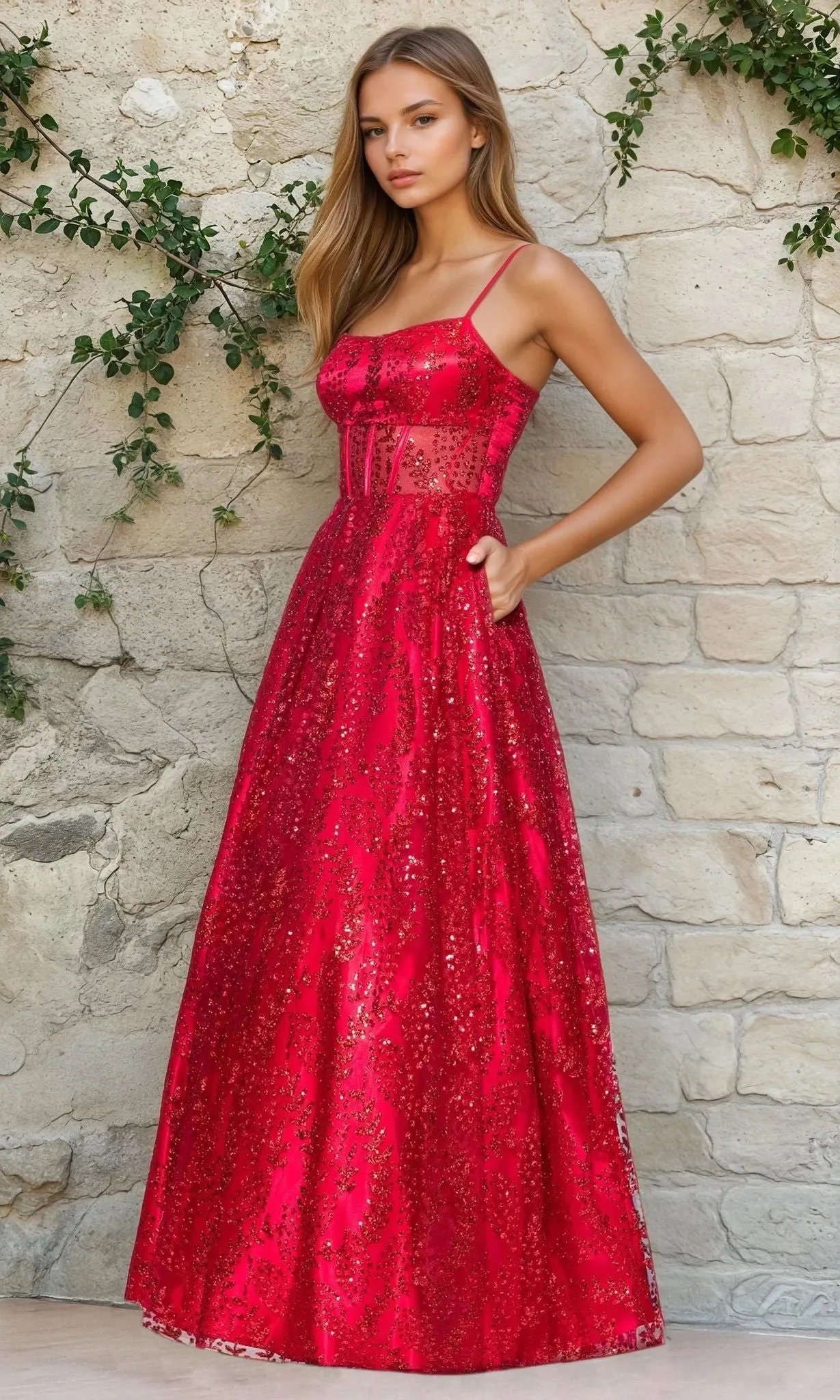 Glitter-Print Prom Ball Gown: Blondie Nites 5539BN sold by PromGirl