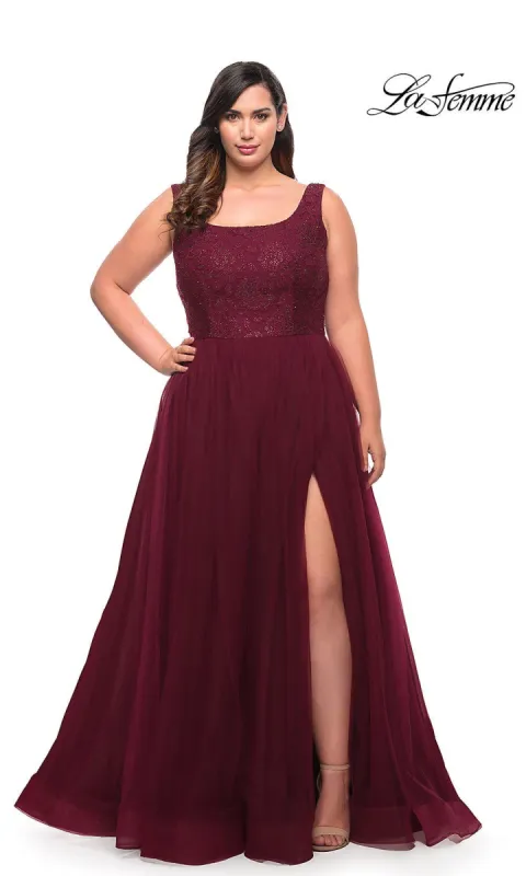 La Femme Plus-Size Long Lace-Bodice Prom Dress sold by PromGirl