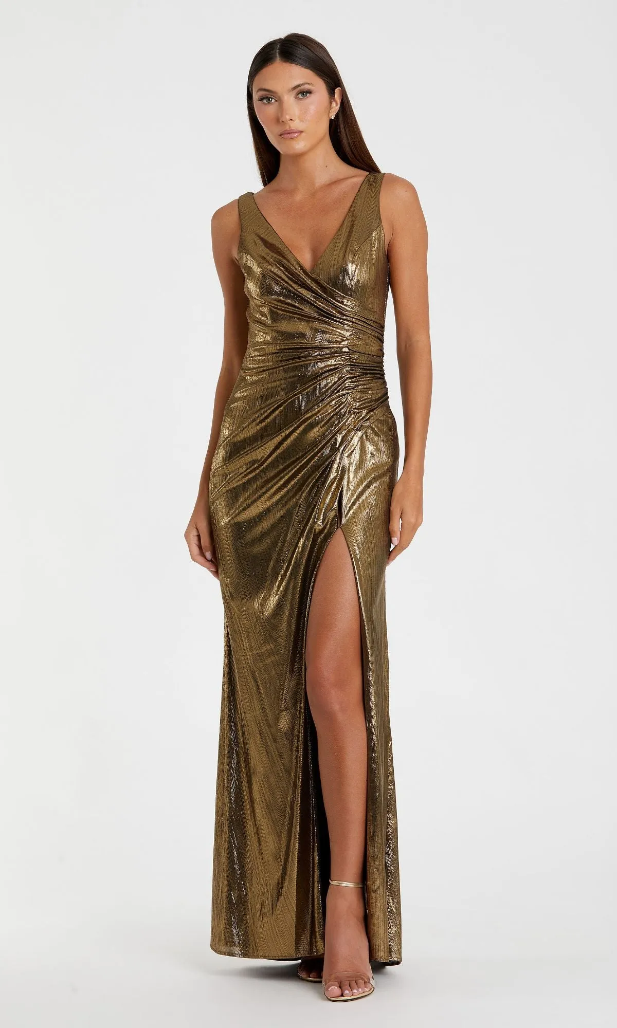 Long Gold Metallic Formal Dress: Mac Duggal 27063 sold by PromGirl