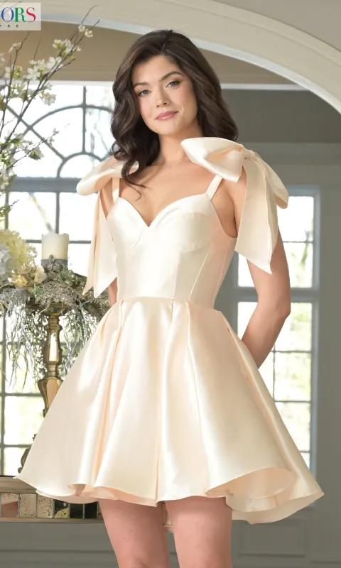 Shoulder Bow Short Hoco Dress: Colors Dress 3640 sold by PromGirl