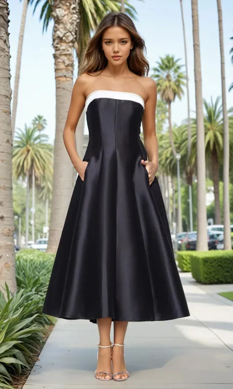 Tea-Length Black Formal Dress: Betsy and Adam A27115 sold by PromGirl