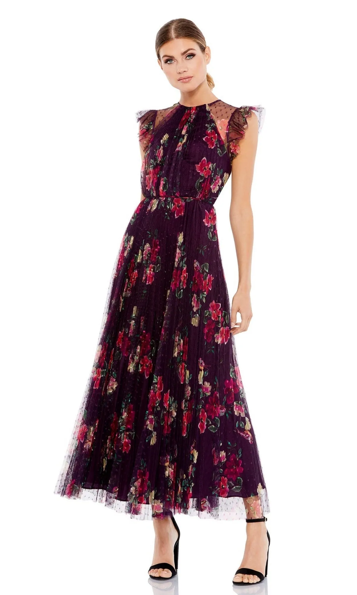 Plum Print Midi Semi-Formal Dress: Mac Duggal 2143 sold by PromGirl