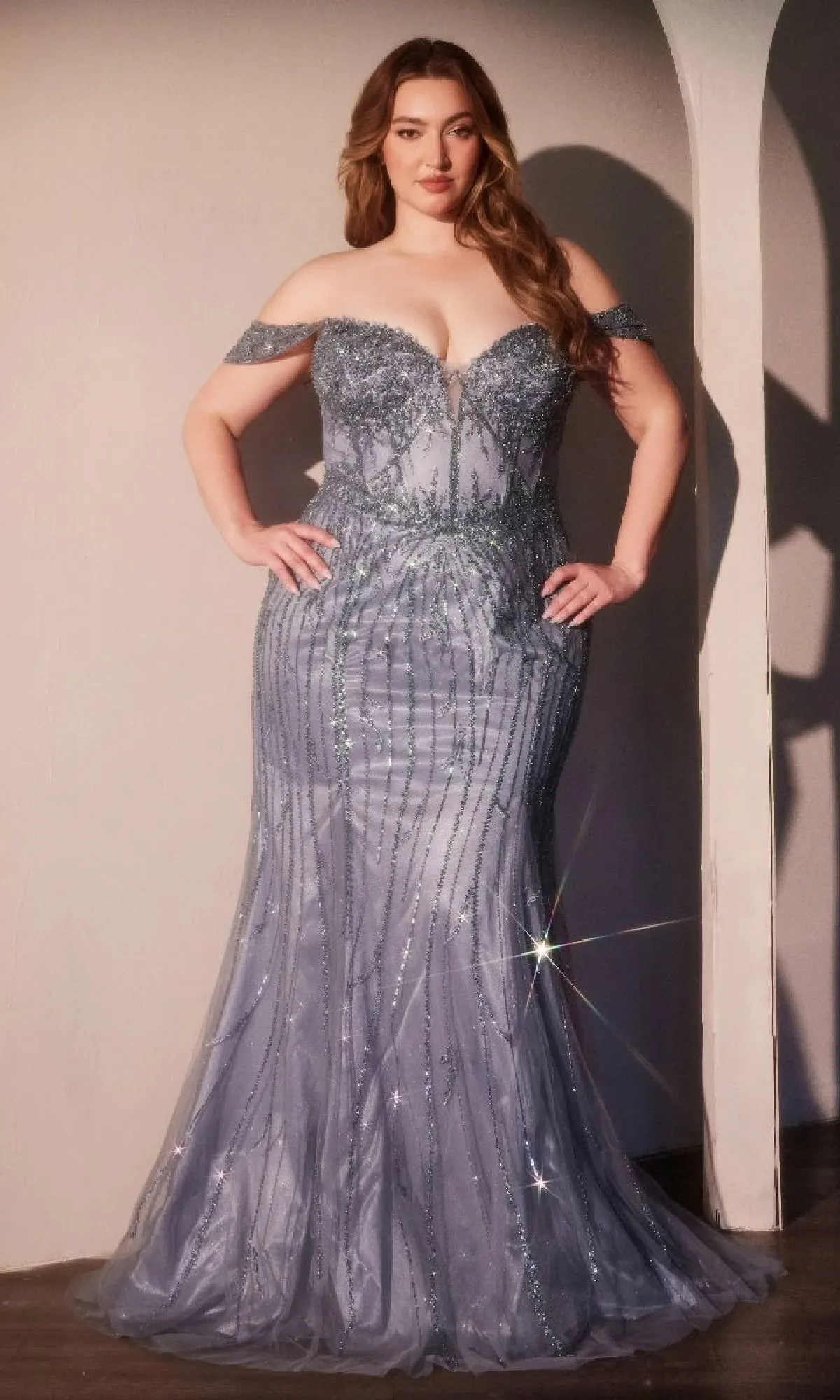 Plus-size Blue Beaded Prom Gown: Ladivine CC341C sold by PromGirl product image thumbnail 3