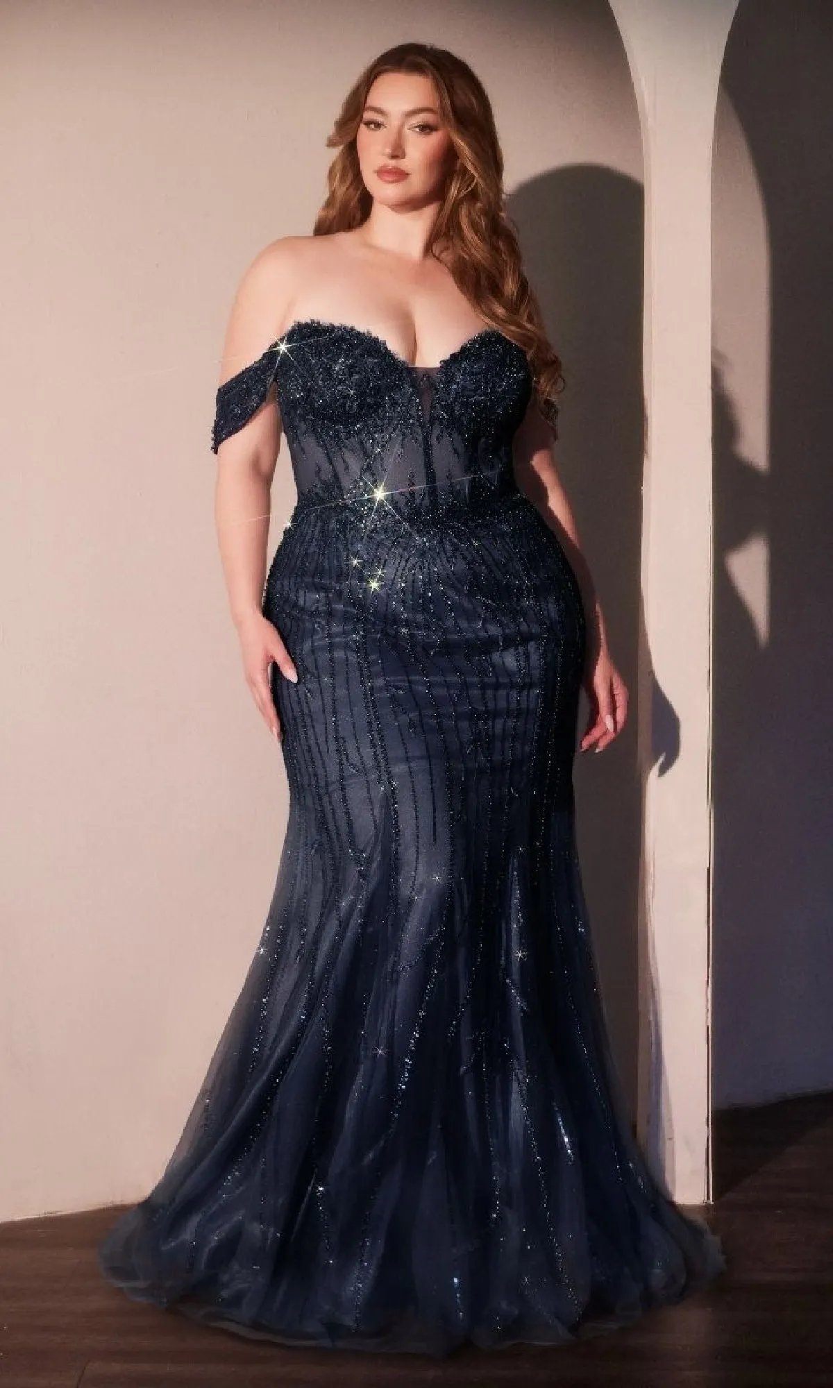 Plus-size Blue Beaded Prom Gown: Ladivine CC341C sold by PromGirl