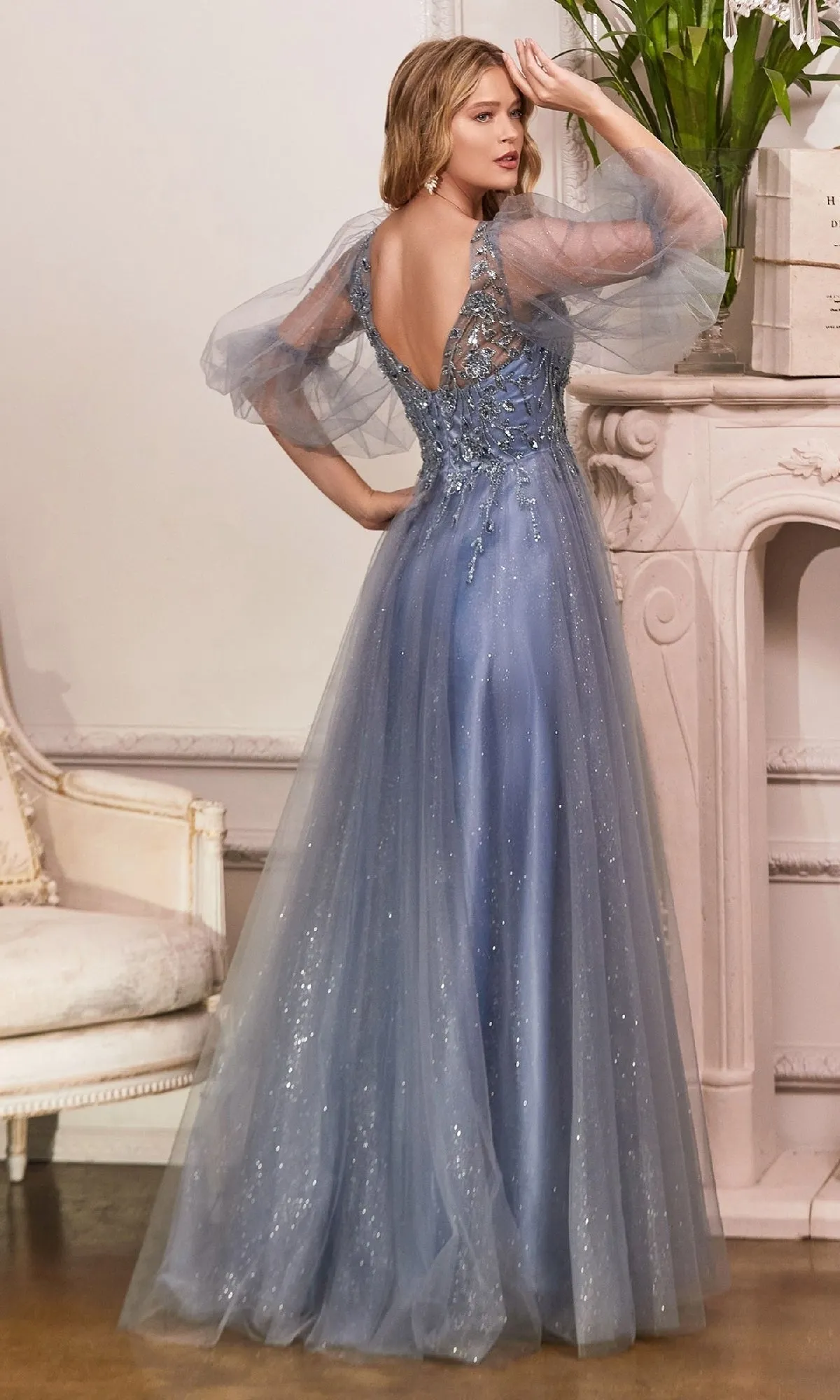 Sheer-Sleeve Long Prom Dress: Ladivine CD0182 sold by PromGirl product image thumbnail 2