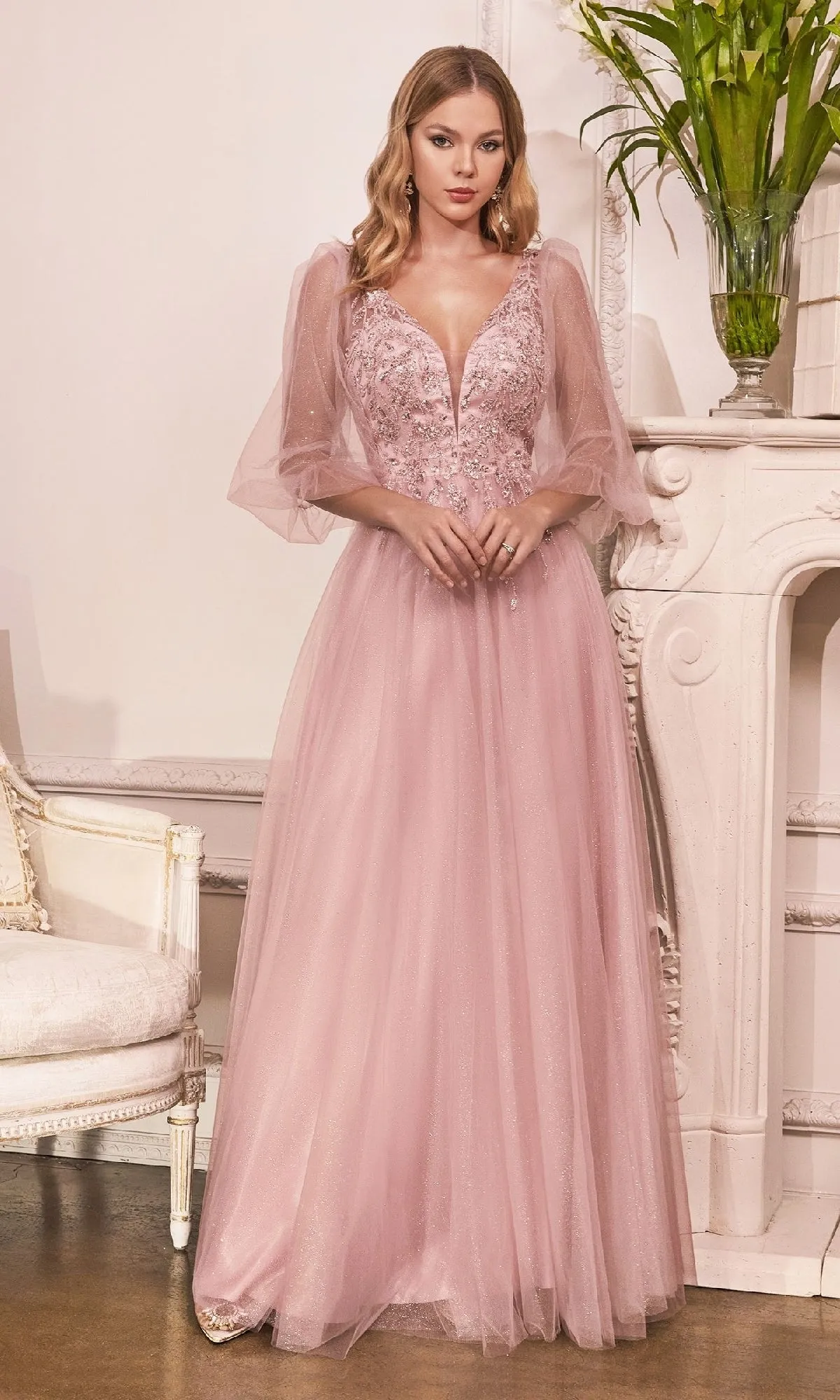 Sheer-Sleeve Long Prom Dress: Ladivine CD0182 sold by PromGirl product image thumbnail 3