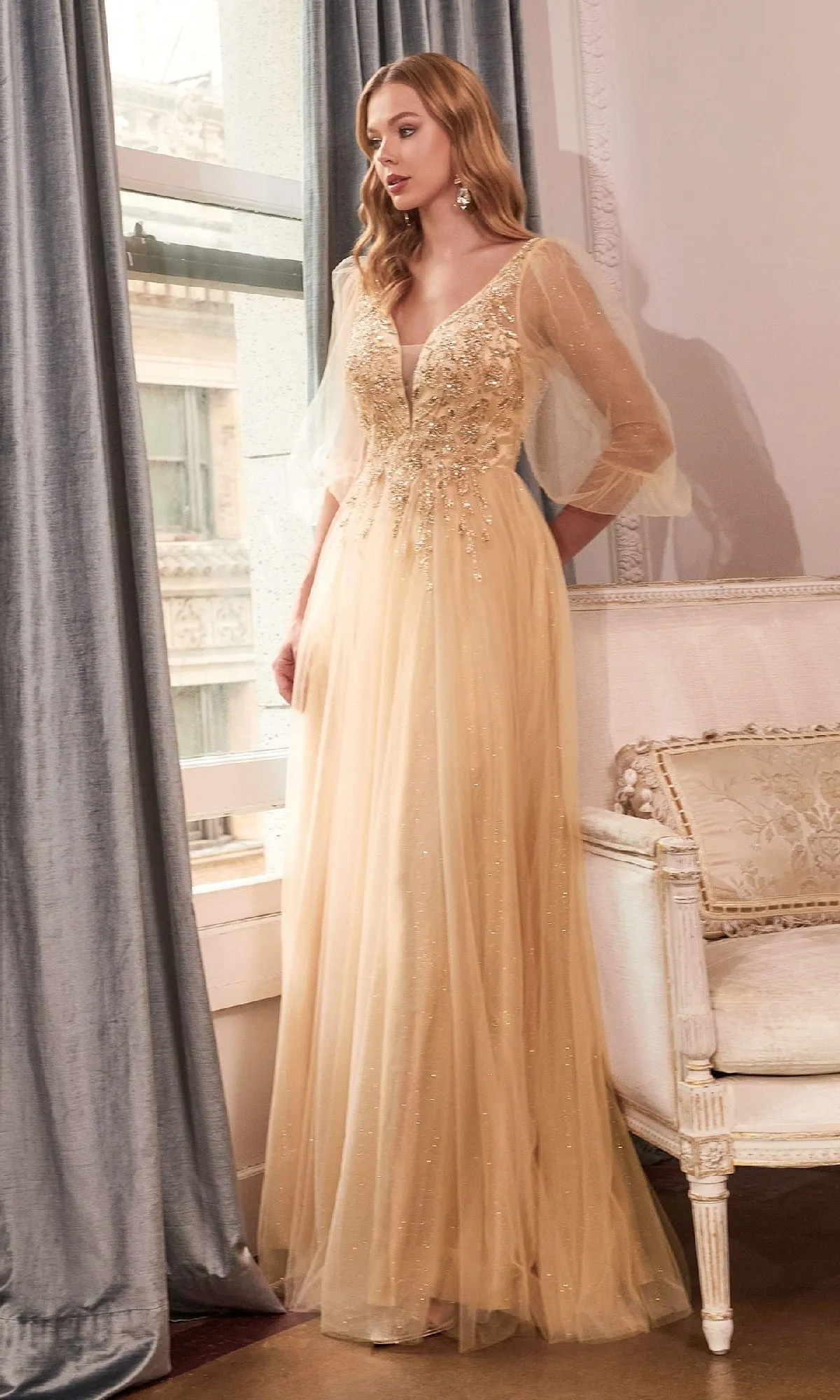 Sheer-Sleeve Long Prom Dress: Ladivine CD0182 sold by PromGirl