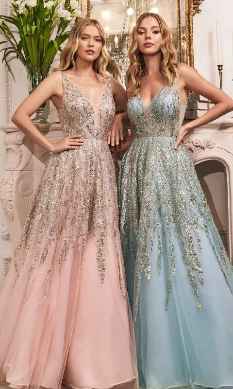 Sheer-Sides Long Glitter Prom Dress: Ladivine C135 sold by PromGirl