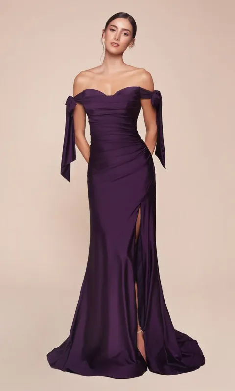 Off-Shoulder Ruched Prom Dress: Ladivine CD943 sold by PromGirl