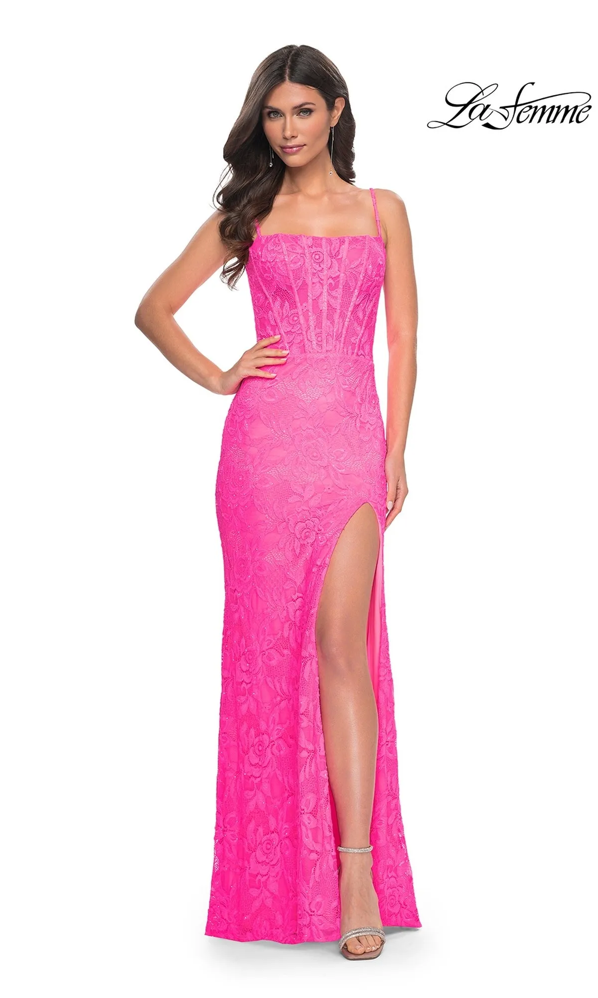 Neon Pink Long Lace Prom Dress: La Femme 32423 sold by PromGirl
