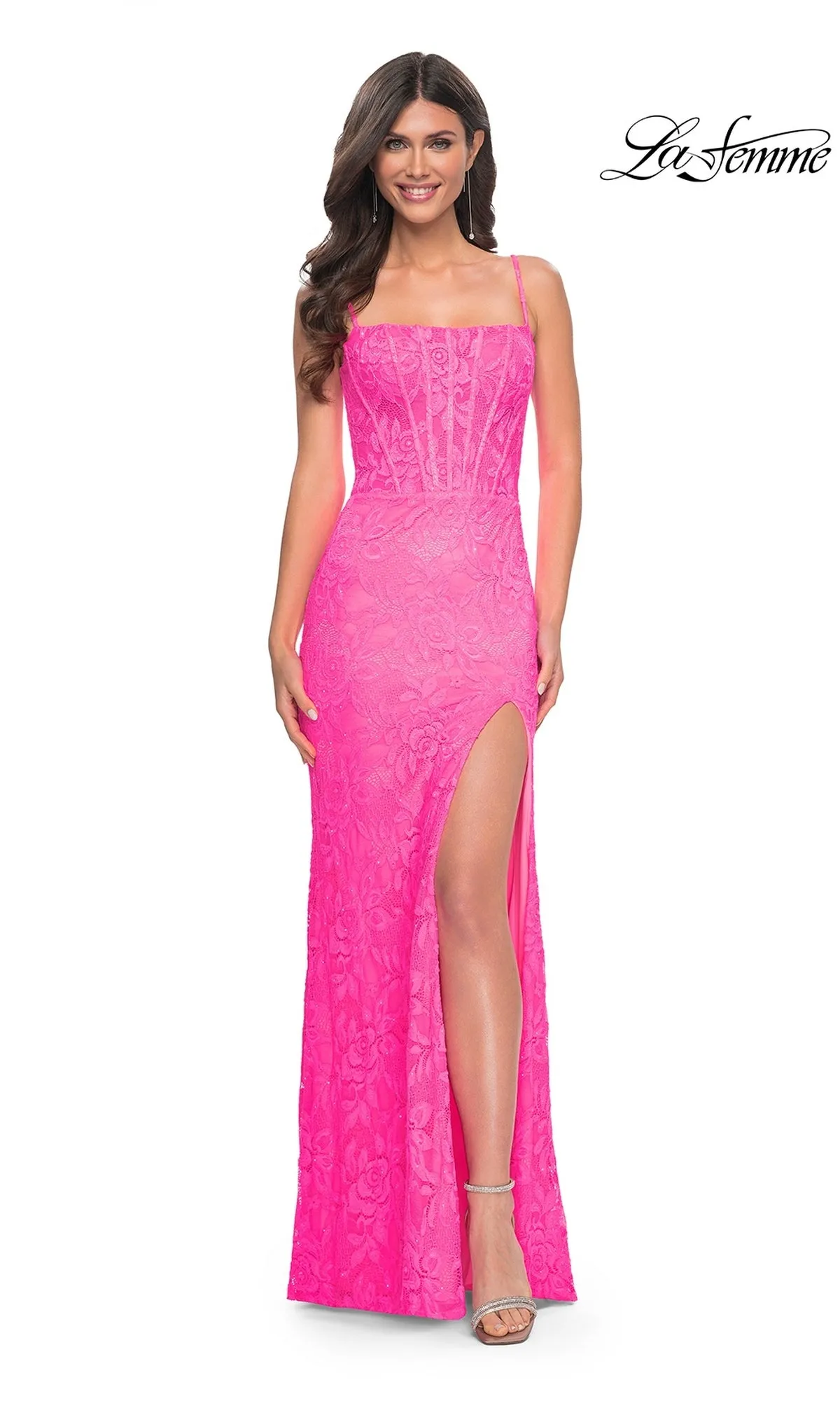 Neon Pink Long Lace Prom Dress: La Femme 32423 sold by PromGirl product image thumbnail 4