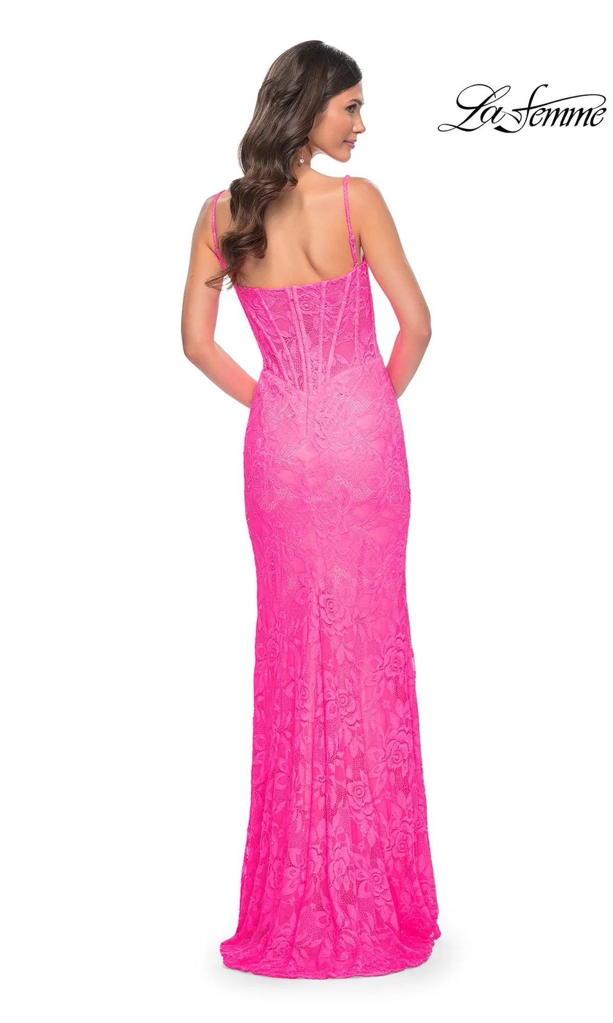 Neon Pink Long Lace Prom Dress: La Femme 32423 sold by PromGirl product image thumbnail 2