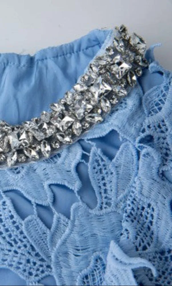 High-Neck Short Blue Floral Lace Casual Dress sold by PromGirl product image thumbnail 5