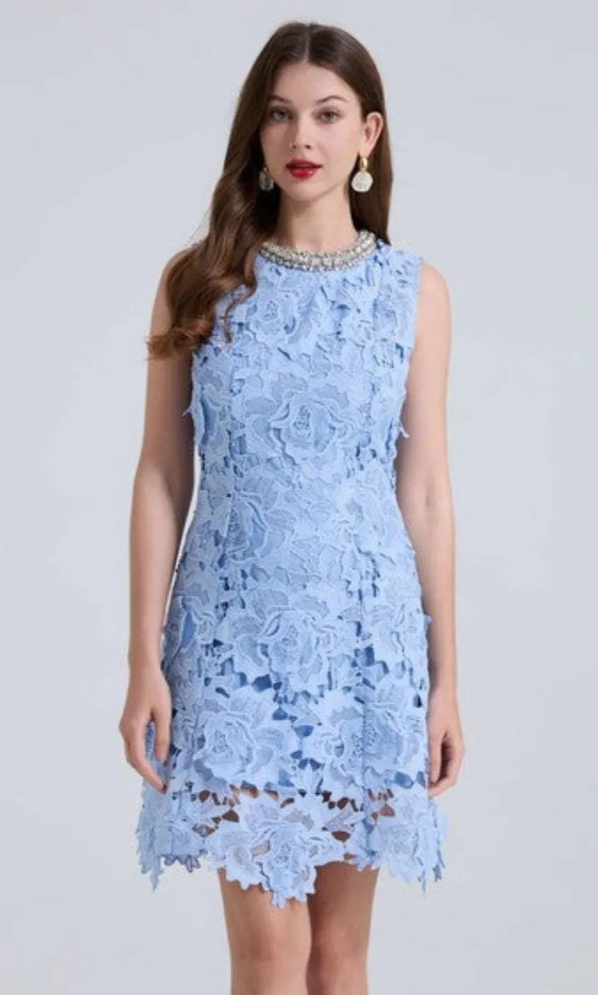 High-Neck Short Blue Floral Lace Casual Dress sold by PromGirl