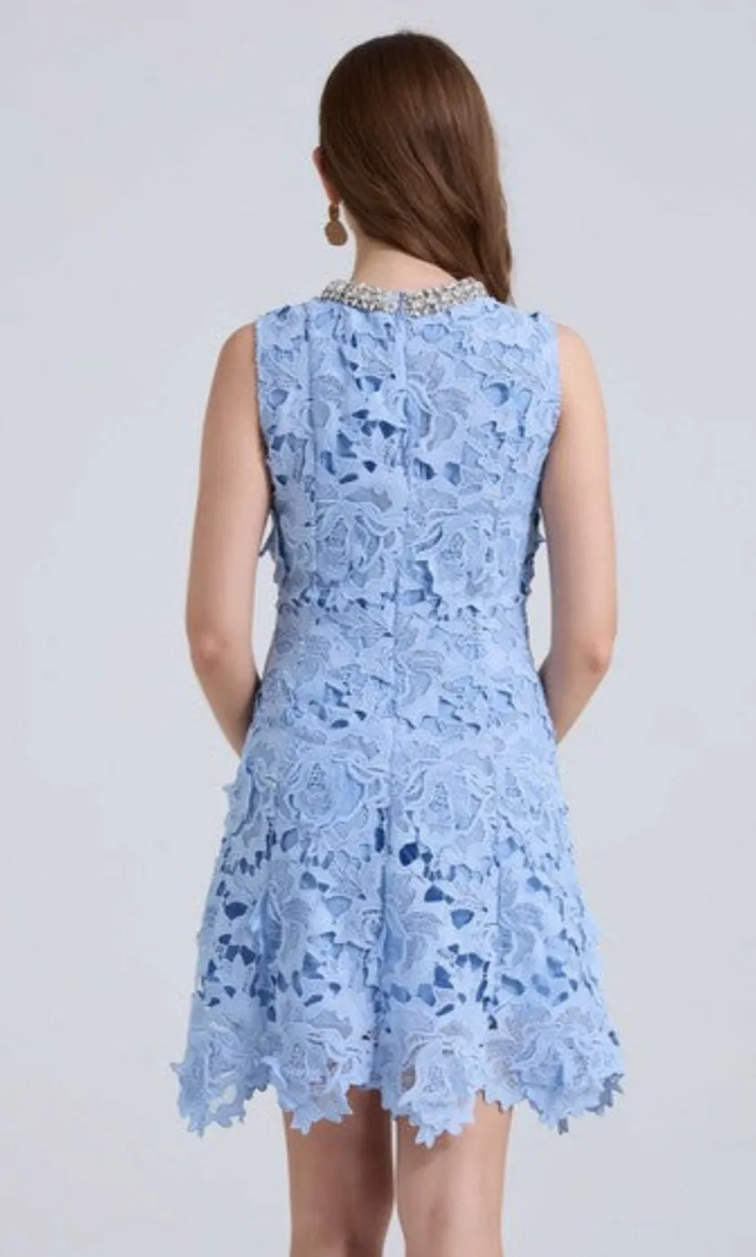 High-Neck Short Blue Floral Lace Casual Dress sold by PromGirl product image thumbnail 2