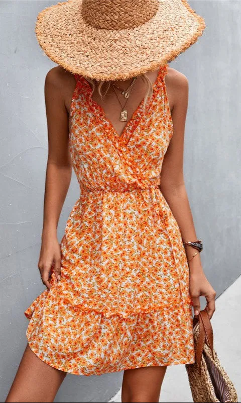 Casual Short Sleeveless Orange Floral Sundress sold by PromGirl
