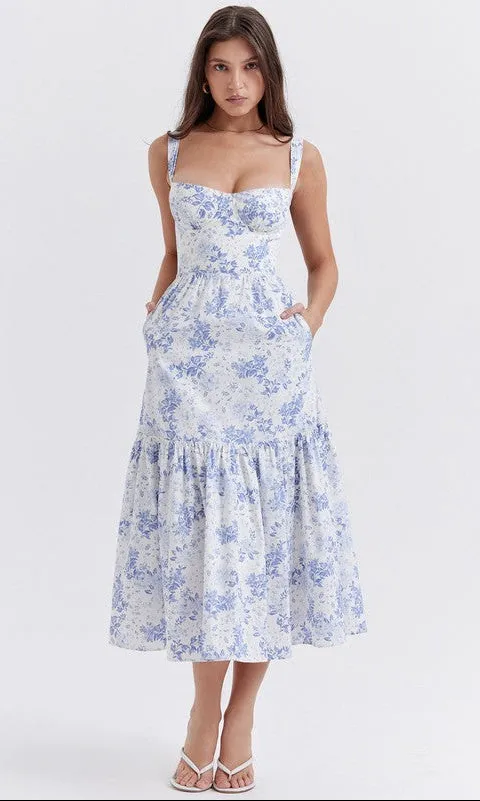 Tea Length White and Blue Floral Casual Dress sold by PromGirl