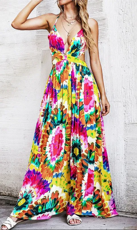 Casual Open-Back Colorful Print Maxi Dress sold by PromGirl