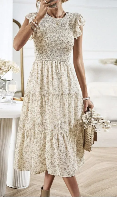 Casual Smocked Floral Print Midi Dress sold by PromGirl